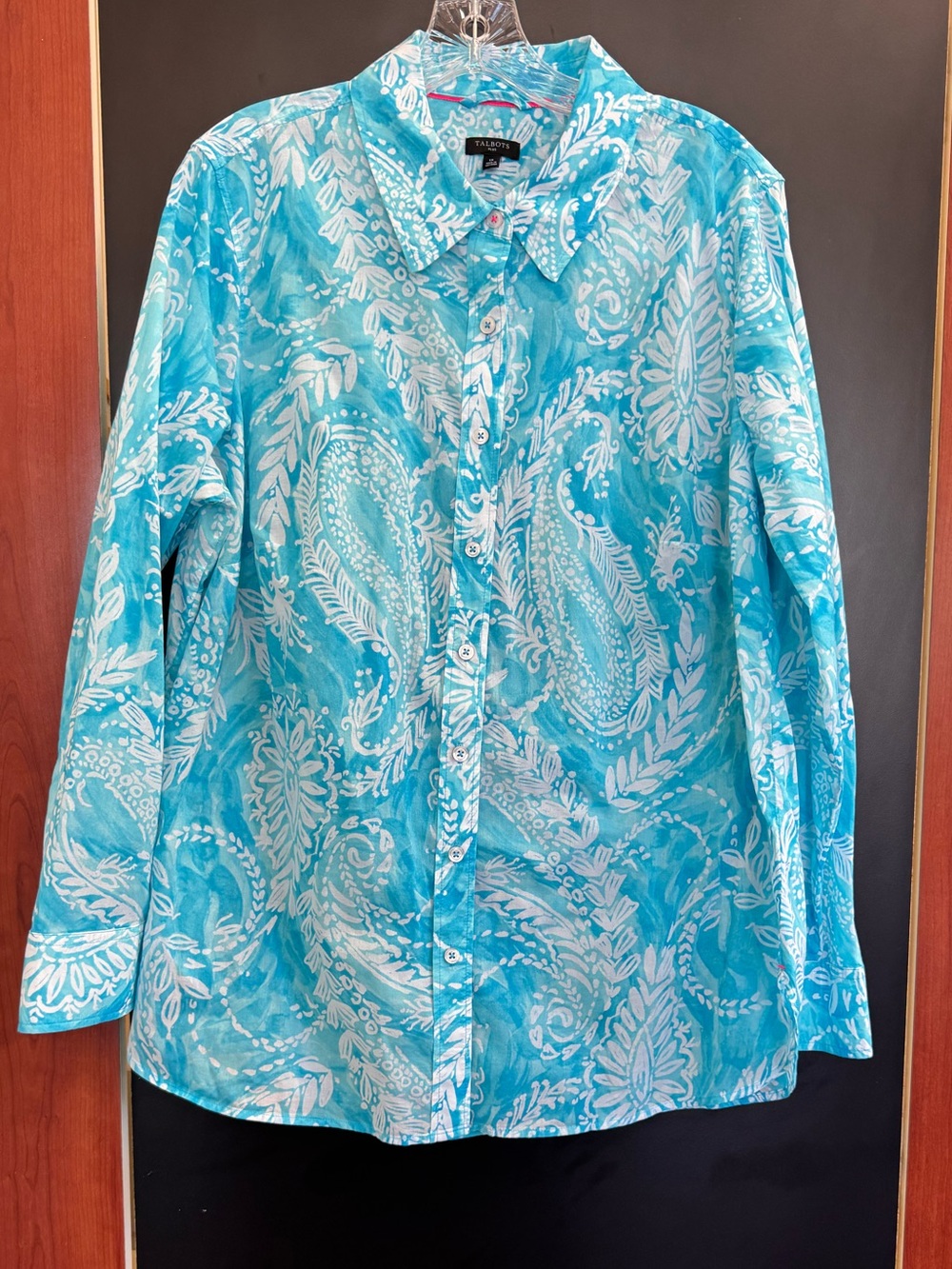 Talbots Plus 1X Button Ip Blouse Paisley Print 100% Cotton Lightweight Long Slee